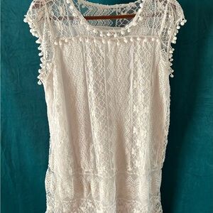 Women’s Swim Coverup Shift Dress White Lace Pom Poms Lined Size L
